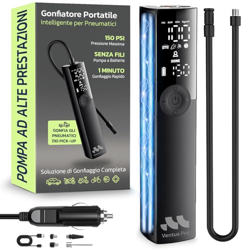 Woowind Compressore Aria Portatile Auto Premium, Gonfia Gomme Auto, 2X Più Veloce, 150PSI, Mini Compressore Portatile, Utilizzo Senza Fili o Con Cavo 12V, per SUV e Pickup, Spegnimento Automatico