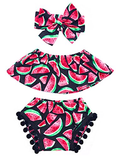 StylesILove Chic and Fun Watermelon Print Top and Pompom Trim Bloomers with Matching Headband 3 pcs Sunsuit Set (120/ 5T)