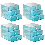 InterDesign 3 Drawer Storage Organizer for Cosmetics, Makeup, Beauty Products and Office Supplies, 4 Pack, Aqua