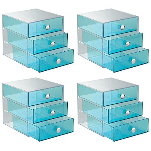 InterDesign 3 Drawer Storage Organizer for Cosmetics, Makeup, Beauty Products and Office Supplies, 4 Pack, Aqua