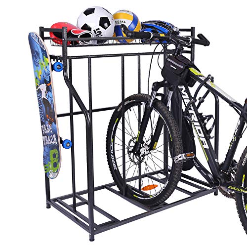 Mythinglogic Bike Rack, Bicycle Holder with Baskets Collection Organizer and 4 Hooks, 3 Bicycle Floor Parking Stands, Bike Storage Stand, Bike Rack Garage, Free Standing Bike Rack, Indoor Bike Rack