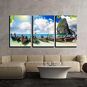3 Piece Canvas Wall Art - Long Tail Boat on Tropical Beach with Limestone Rock, Krabi, Thailand - Modern Home Art Stretched and Framed Ready to Hang - 16"x24"x3 Panels