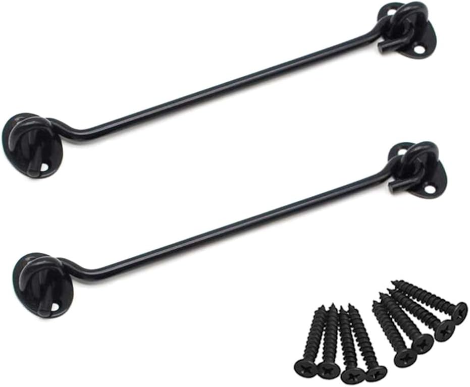 BuxiuGK 2 Piece Cabin Hook Eye Door Latch Stainless Steel 8 Inch/200mm with 8 Mounting Screws for Shed Doors Cabinet Doors - Black