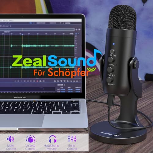 zealsound USB-C Condenser Microphone for PC, Mobile Phone, PS4, PS5, for Gaming, Podcast, Recording, Streaming, ASMR with Mute/Gain/Echo, Adapter for Phone, Compatible with Mac, Winows