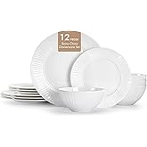 KINGSTONE Bone China Dinnerware Set, 12-Piece White Lightweight Porcelain with Textured Design Service for 4, Plates, Bowls, for Family Dining, Restaurants, Gifting, Microwave and Dishwasher Safe