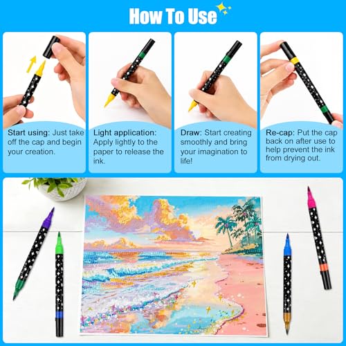 Zaztytoy Acrylic Glitter Markers 72 Colors, 36 Double-Ended Markers Kit with 2 Coloring Books, Painting Stone and DIY Bag, for Wood, Ceramic, Paper and Canvas