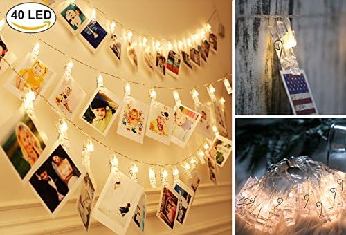 Photo Clips String Lights 40 LED(16.4ft) Starry Fairy Lights Hanging Photos Pictures Notes Artwork for Wedding Birthday Party Wall DIY Warm White Holiday Christmas Festival (40LED Battery Operated)