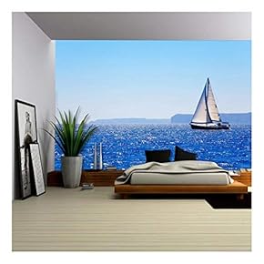 Blue Mediterranean Sailboat Sailing in Perfect Ocean at San Antonio Cape - Removable Wall Mural | Self-Adhesive Large Wallpaper - 66x96 inches