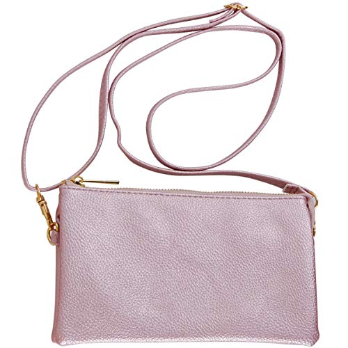 Humble Chic Vegan Leather Small Crossbody Bag or Wristlet Clutch Purse, Includes Adjustable Shoulder and Wrist Straps, Rose Gold, Metallic Pink - Thumbnail 5