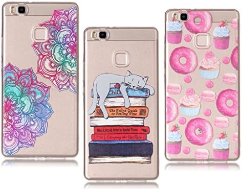 Huawei P9 Lite Case,[3 pieces]Flexible Soft TPU Silicone Back Cover Scratch-Resistant Transparent Shockproof Ultra Slim Case for Huawei P9 Lite,Flower & cat & Donuts