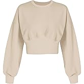 MISSACTIVER Women Casual Crewneck Crop Sweatshirt Solid Long Sleeve Drop Shoulder Pullovers Ribbed Corset Hem Crop Jumper Top