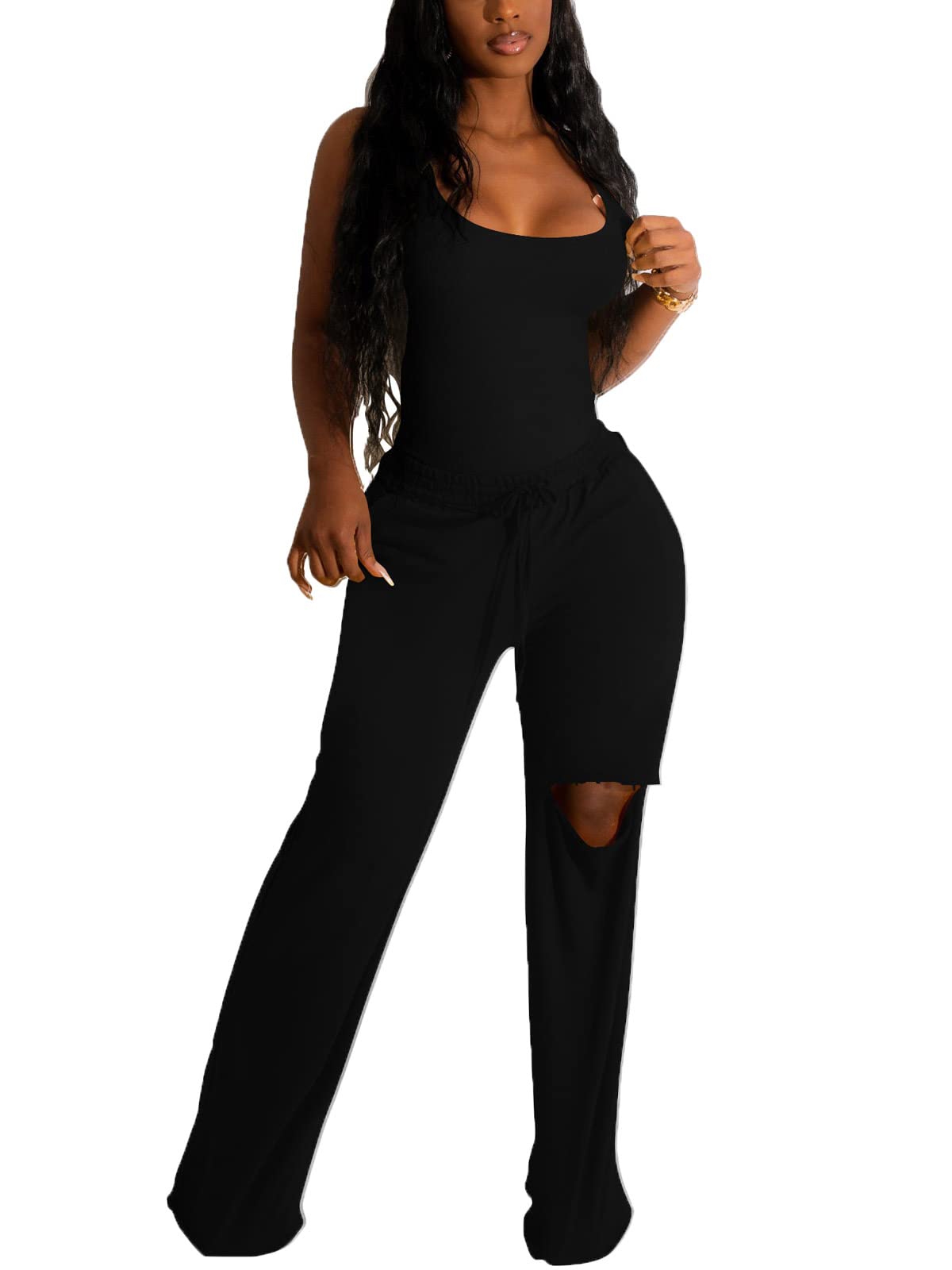 Photo 1 of ***Only Pants/ Missing top***
Nimsruc Two Piece Outfits For Women Casual Sleeveless Sweat Suits Comfy Jogger Hole Pants Sets Matching Tracksuit With Pockets Black S.