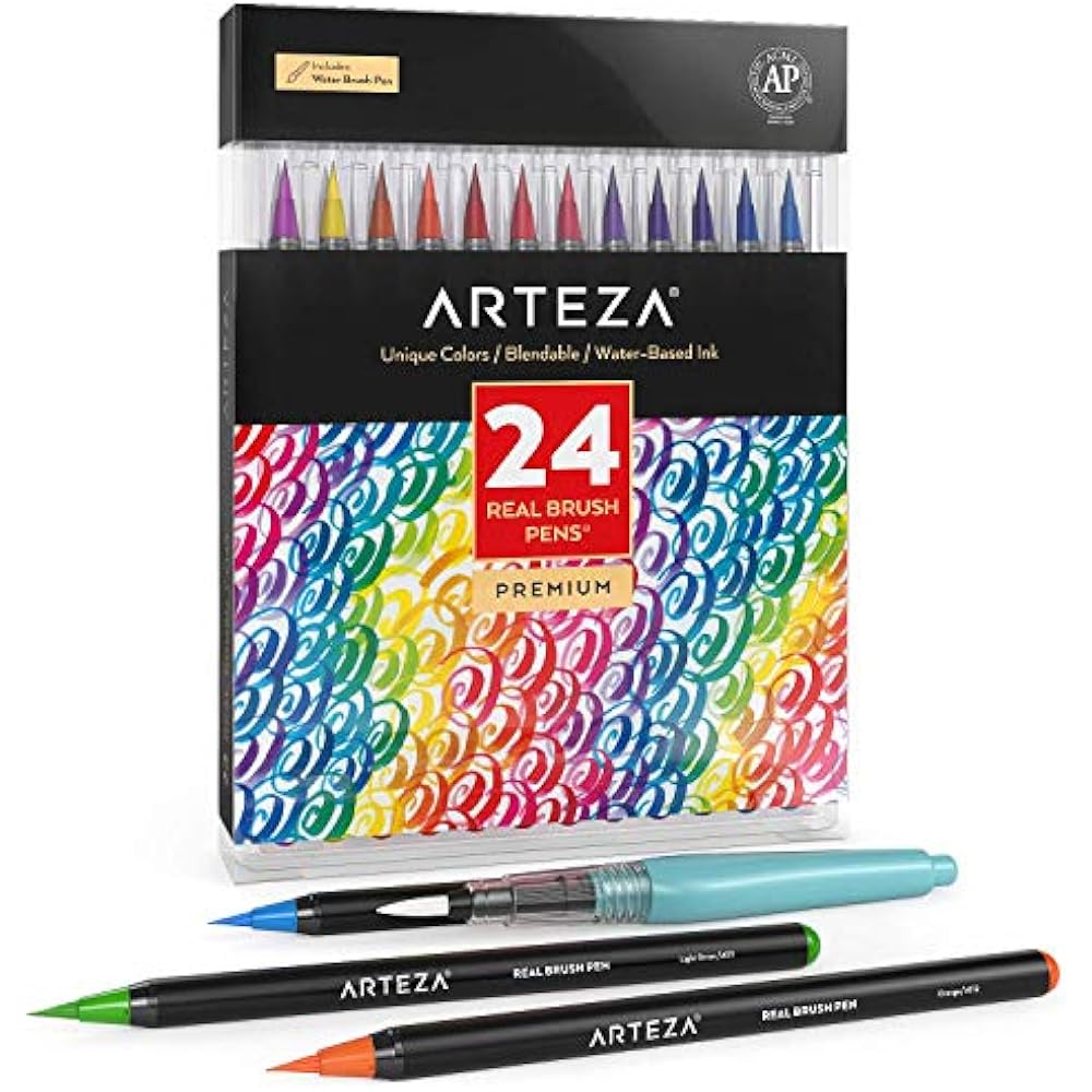 Arteza Real Brush Pens, 24 Colors For Watercolor Painting With Flexible