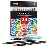 Arteza Real Brush Pens, 24 Colors for Watercolor Painting with Flexible Nylon Brush Tips, Paint Markers for Coloring, Calligraphy and Drawing with Water Brush for Artists and Beginner Painters