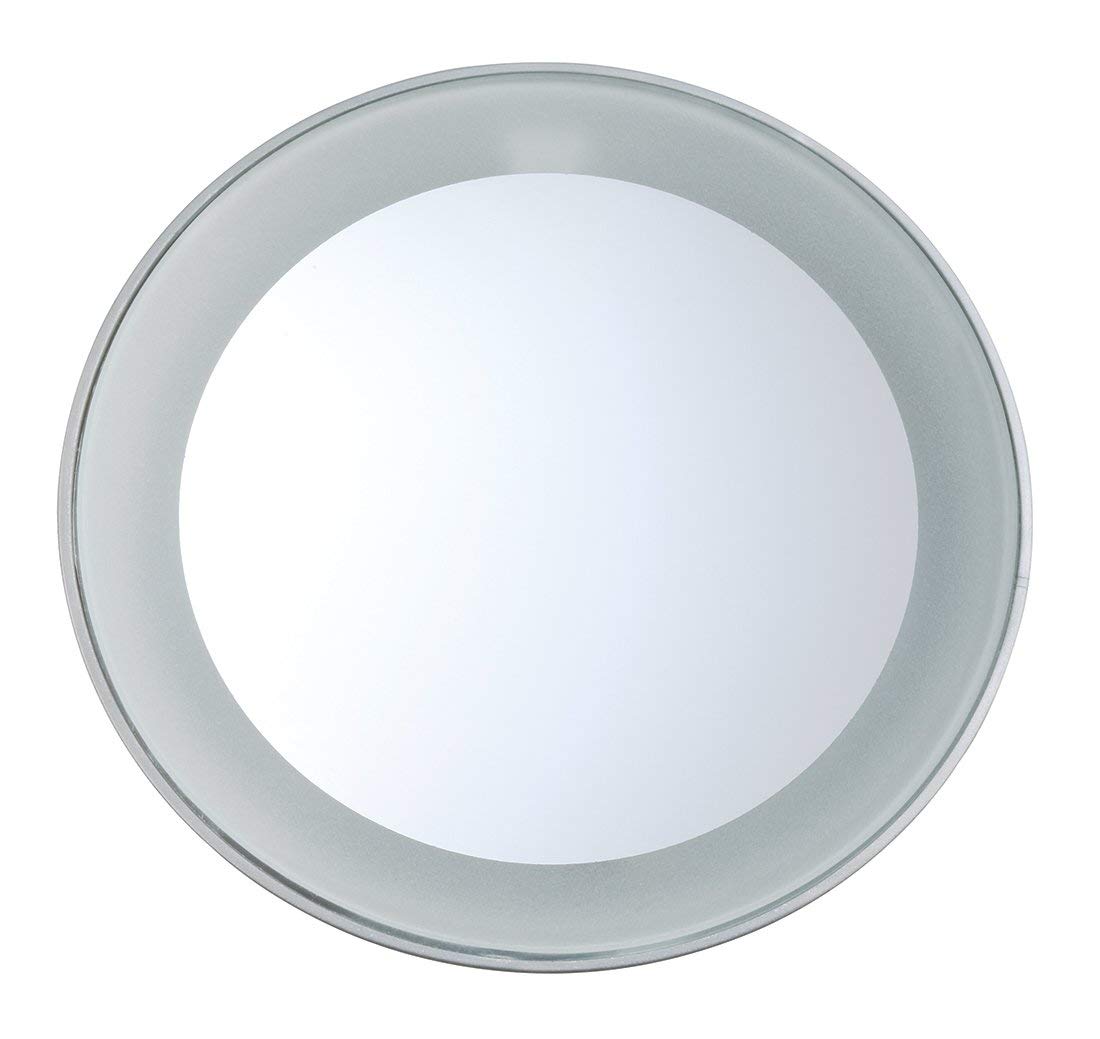 Tweezerman 15x Magnifying LED Mini Mirror, Round Mirror Perfect for Tweezing, Contact Lens and Makeup Application Compact Travel Mirrors with Suction Cups (Pack of 1)