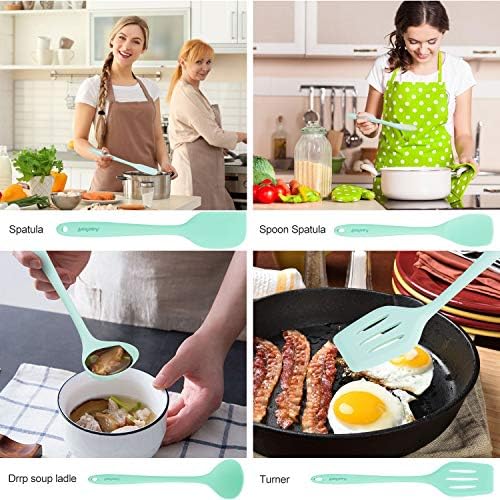 Aschef Ensemble d'Ustensiles de Cuisine en Slicone, Lot de 11 Ustensile de Cuisine Pratique et Robuste avce le Rangement, Anti-Adhésive, Kit Ustensile Cuisine Complet avec Spatule, Couleur Bleu
