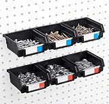 Pegboard Bins - 6 Pack Black - Hooks to Any Peg Board - Organize Hardware, Accessories, Attachments, Workbench, Garage Storage, Craft Room, Tool Shed, Hobby Supplies, Small Parts