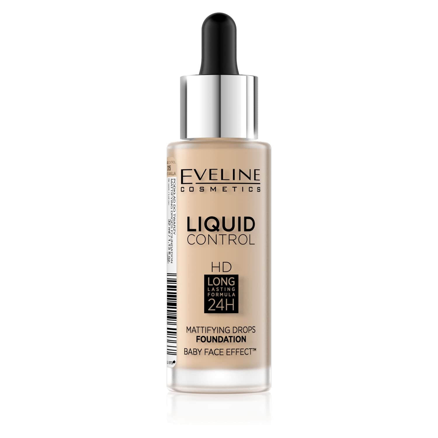 Eveline Cosmetics Liquid Control HD Eveline Liquid Control HD Long-Lasting 24H Foundation, No 015 Light Vanilla, Breathable Lightweight Formula - 32 ml