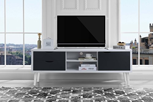Sofamania Mid-Century Style TV Stand, Living Room Entertainment Center (White/Dark Grey) - Thumbnail 6