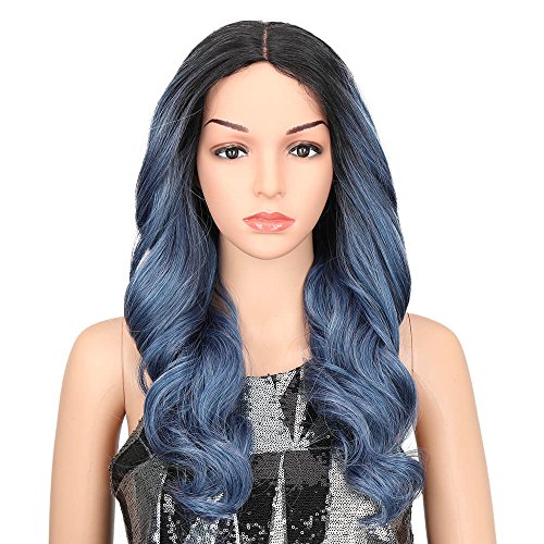Joedir Lace Front Wigs 24" Big Wavy Ombre Silver Blue Color High Temperature Resistant Synthetic Wigs For Women 130% Density Wigs