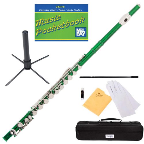 Mendini Closed Hole C Green Flute with Stand, 1 Year Warranty, Case, Cleaning Rod, Cloth, Joint Grease, and Gloves - MFE-GN+SD+PB