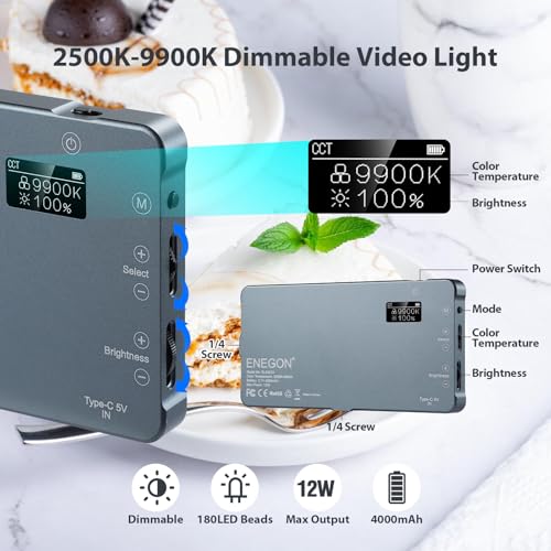 ENEGON 4000 mAh LED Video Light 2500K-9900K Two-Tone Mountable USB Rechargeable with Mini Panel for Professional DSLR Cameras Photo Lighting