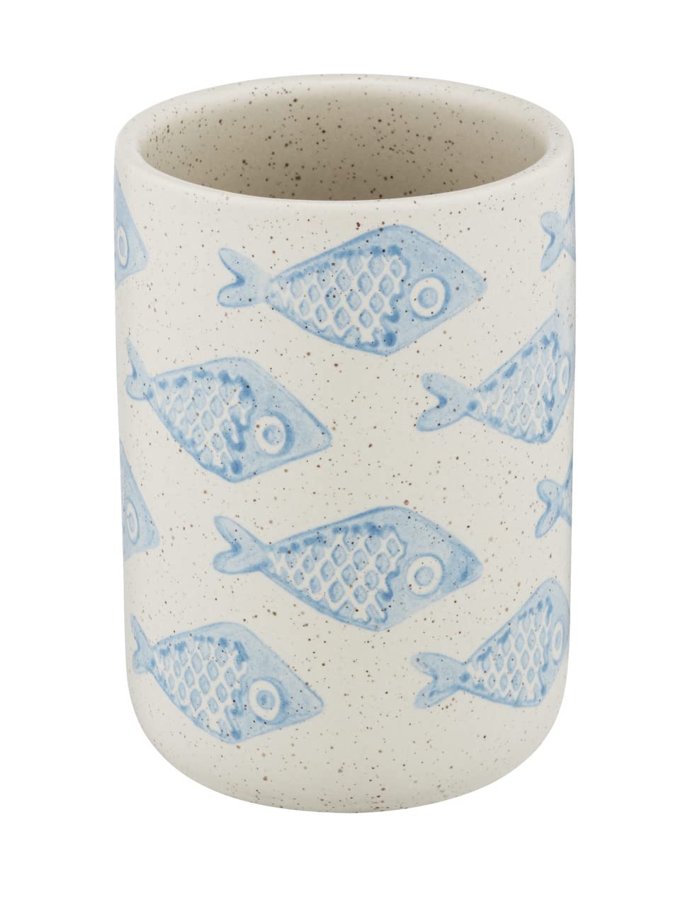 WENKO Toothbrush Cup Model Aquamarine Toothbrush Holder for Toothbrush and Toothpaste Made of Elegant Ceramic in Matte White with Blue Maritime Scenery Hand-Painted Diameter 8 x 11 cm