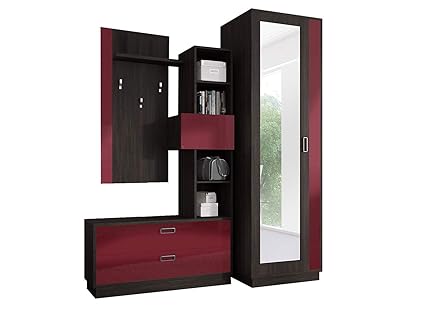 Idzczak Meble Garderobe Zac, mit Kleiderständer, Schuhschrank, Hochglanz, Design, Garderoben-Set (Mali Eiche/Weinrot Hochglan
