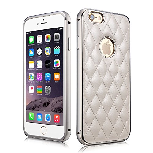 iPhone 6 (4.7'') Case- FlovemeÂ® [2 in 1 Series] Leather Case, Premium Aluminium Metal Bumper Frame Case Ultra Slim Soft Skin Cover Case Perfect Fit for iPhone 6 Plus (4.7'' Inch) (Silvery)