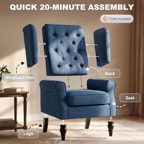 HOMCOM Fabric Accent Chair, Button Tufted Armchair, Upholstered Modern Living Room Chair, Wingback Chair with Wood Legs, Rolled Arms, Thick Padding for Bedroom, Blue