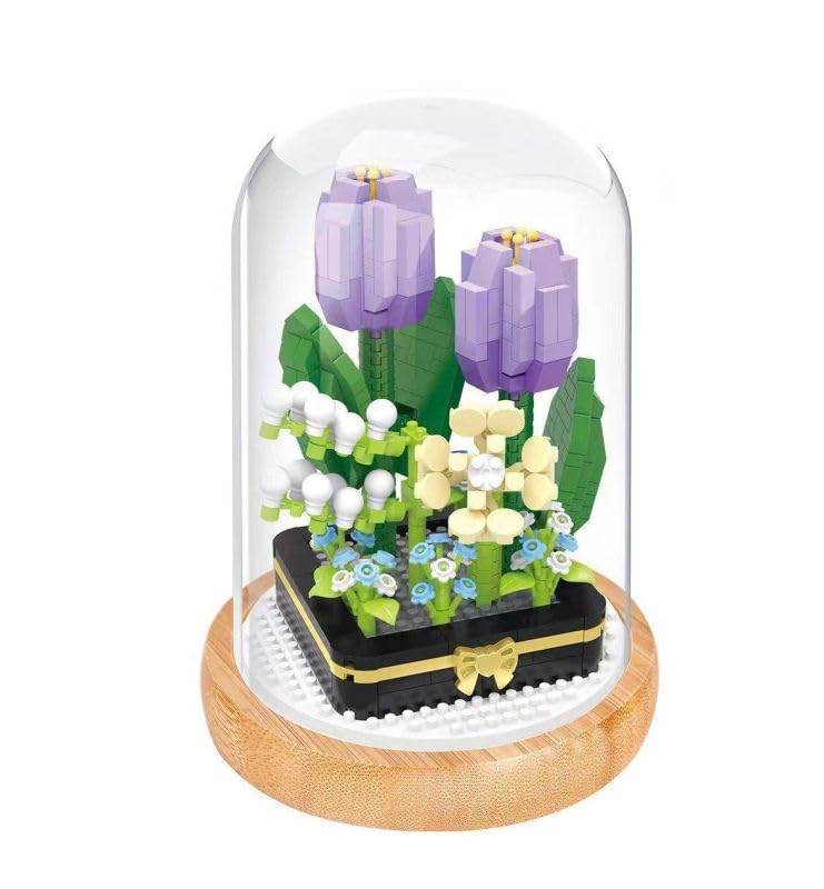 WiseHawk Kit of miniature blocks to assemble flowers. With wooden stand and dome cover. Lilac tulip