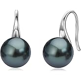 Tahitian Black Pearl Drop Earrings, Sterling Silver 9-10mm Genuine Tahitian Pearls Anniversary Birthday Jewelry Gifts for Women