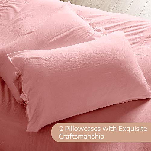 Duvet Cover Queen, 100% Washed Cotton, Linen Like Soft Breathable Durable Bedding Duvet Cover Set, 3-Pieces, Ultra Soft and Easy Care, Simple Style Home Bedding Set 2019 New(3-Piece, Queen, Pink)