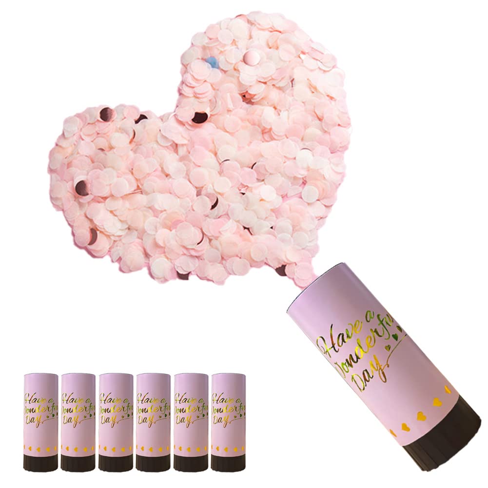 DEARLIVES 6 Pcs Pink Confetti Cannons, Biodegradable Confetti Wedding Party Poppers 11cm with Twisting Black Turntable to Left for Graduation Bridal Anniversary New Year Celebration Supplies
