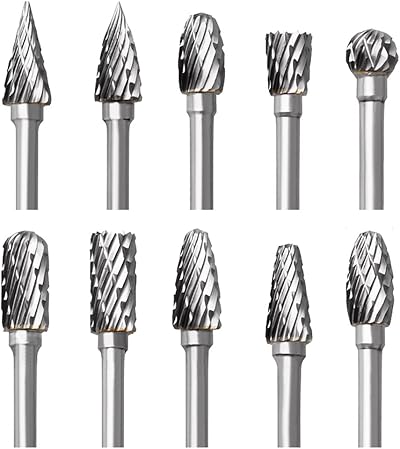 FOTYBEI Tungsten Carbide Rotary Burr Set 10Pcs 1/8" Shank Dremel Bit Carving