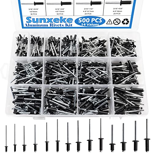 Sunxeke 500pcs Black Aluminum Rivets Pop Rivets Assortment Kit