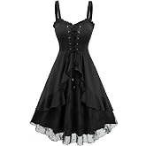 DRESSFO Womens Vintage Dress Gothic Flower Lace Jacquard Lace Up Ruffles A Line Cooktail Cami Dress