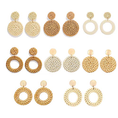Rattan Earrings for Women Handmade Straw Wicker Braid Drop Dangle Earrings Lightweight Geometric Statement Earrings (Rattan Set A-8 Pairs) - Thumbnail 7