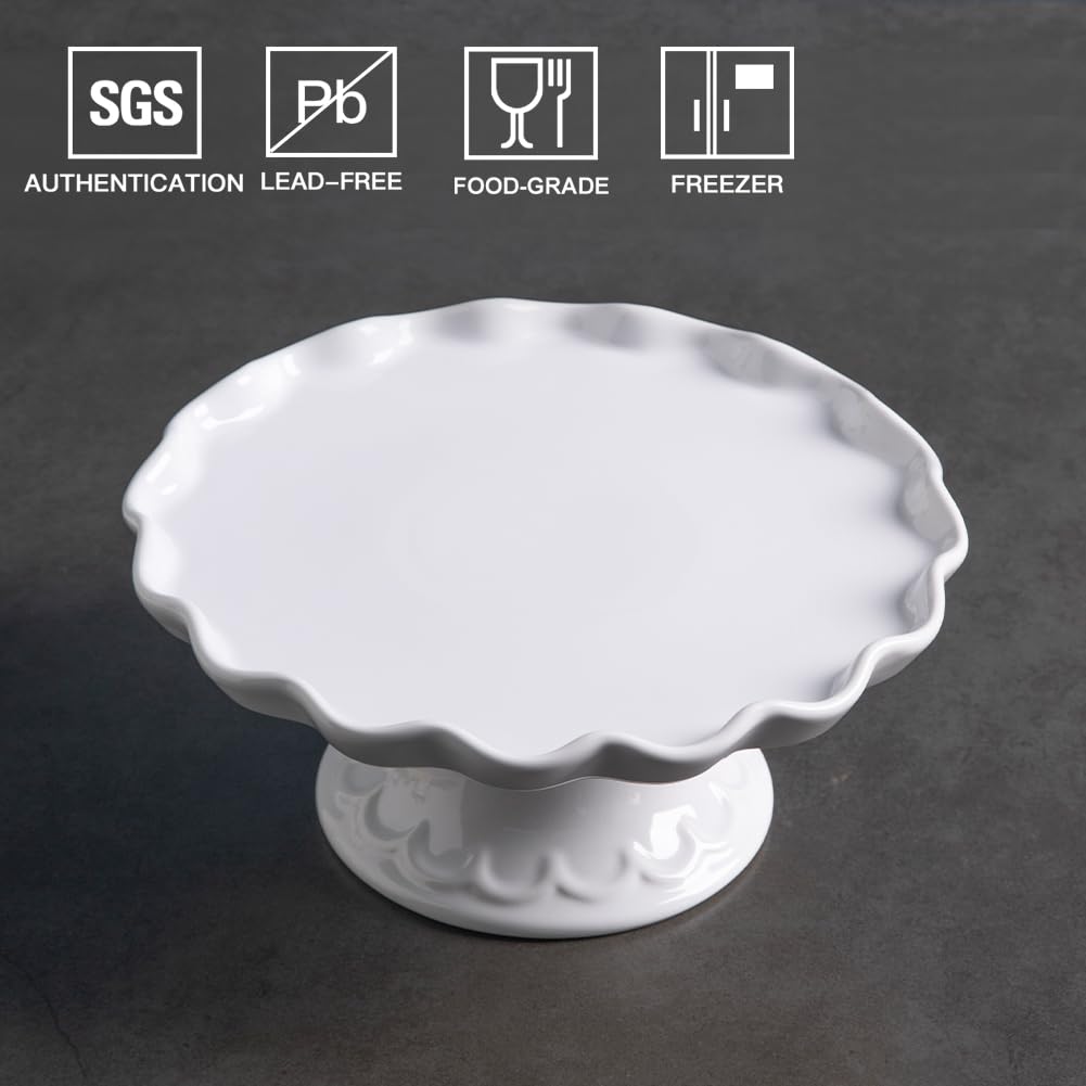 Sweejar Porcelain Cake Stand, Dessert Table Display Plate for 8-Inch Cake, Round Cupcake Stand with Soft Wave Edge for Snacks, Cookies, Birthday Parties, Weddings, Baby Shower and Other Events (White)