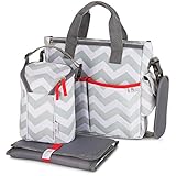 Baby Diaper Bag for Girls & Boys – 3 in 1 Compact Diaper Weekender Tote Bag Bottle Bag, Changing Pad & Stroller Straps. Premium Unisex Chevron Grey w/ 13 Pockets. Ideal Baby Shower Gift for Mom & Dad