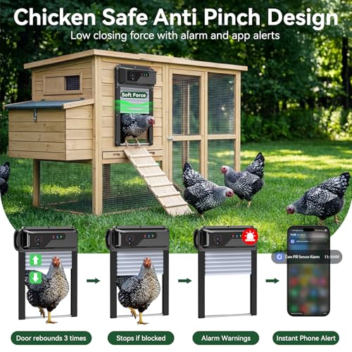 Automatic Chicken Coop Door with Camera, Solar Powered Smart Chicken Door with WiFi App Control, 1080P HD Night Vision, 5000 mAh Battery, Anti-Pinch Safety, Smart Alerts, Space-Saving Roll-Up Design