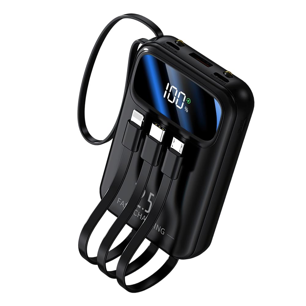 モバイルバッテリー 軽量 小型 15000mAh大容量 PD22.5W急速充電 4本ケーブル内蔵 5台同時充電 LED液晶残量表示 懐中電灯 携帯バッテリー 持ち運び便利 コンパクト iOS/Android全機種対応 旅行/出張/防災グッズ ブラック