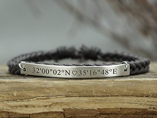 Latitude Longitude Bracelet Women, Custom Coordinate, Sweetie Heart Charm, Braided Wax Cord Cuff, Gift for Her
