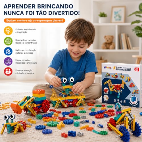 Blocos de Construção Eletrônico STEM – Kit de Engenharia Educacional com Motor, Engrenagens e Modelos Mecânicos | Brinquedo Educativo de Ciência e Robótica para Crianças 3+ Anos (180 Peças)