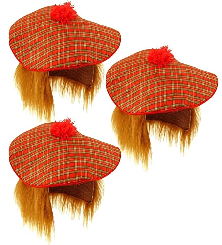 Dreamzfit 3-Pack Tartan Tam Hat & Ginger Wig Set | Scottish Scots Fancy Dress for Stag Do, Halloween & Theme Parties | Unisex Adult Accessories