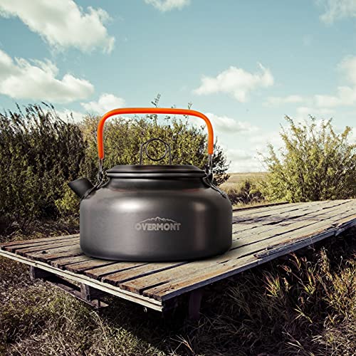 Overmont 1.95 Liter (Pot+ Kettle) Camping Cookware Set 1-2 Person Campfire Kettle Outdoor Cooking Mess Kit Pots Pan for Backpacking Hiking Picnic Fishing with Spork Knife Spoon