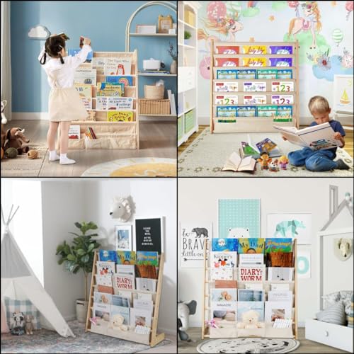 Beauenty 6-Tier Kids Bookshelf,Wood Bookrack,Canvas Book Storage Shelf Display,With Deep Sleeve Storage,Kids Book Rack Storage,Baby Bookcase Organizer,Magazine Rack,Toy Storages(80 * 75 * 30CM)