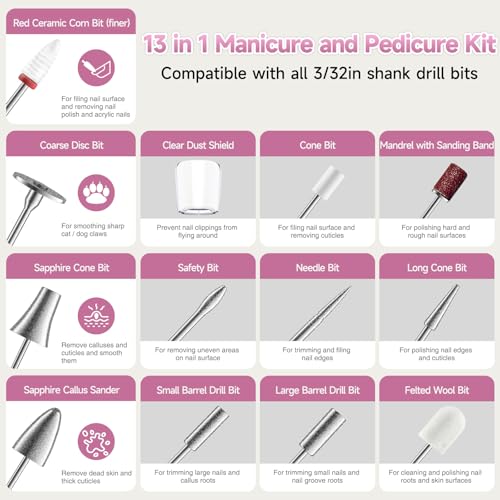 SnnyNyx Cordless Electric Nail Drill 35000 RPM, Professional Nail File Kit with LCD Display, 12 Bits & 36 Sanding Bands, Rechargeable Manicure Pedicure Kit for Acrylic Gel Nails, Salon & Home Use(Rose Gold)