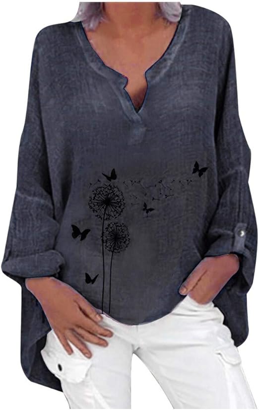 Boho Leinenbluse Damen - Vintage Print Mit V-Ausschnitt Für Frühling & Sommer