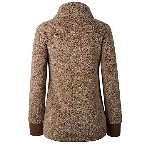 Rambling Women's Warm Long Sleeves Oblique Button Neck Splice Geometric Pattern Fleece Pullover Coat Sweatshirts Outwear (Coffee, S)